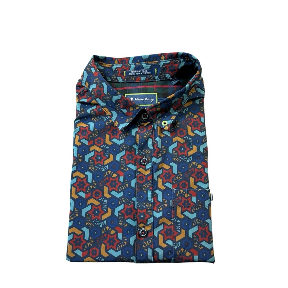 William Murray Blue Red Floral Performance SS Button Front Shirt Mens Large